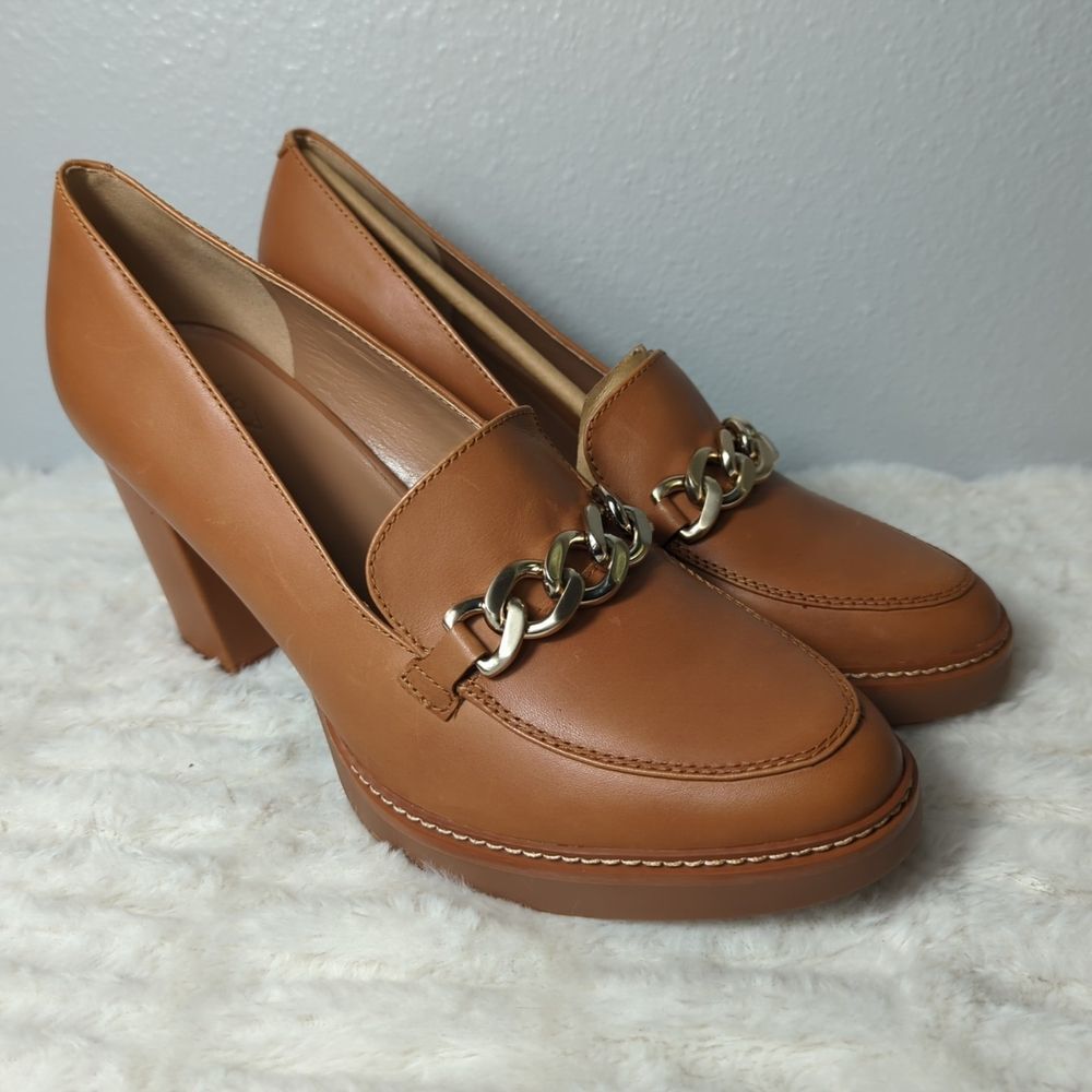 Naturalizer Womens Callie Pump Size 10 Tan Chunky Sole Chain Heel‎ Loafer NWOB